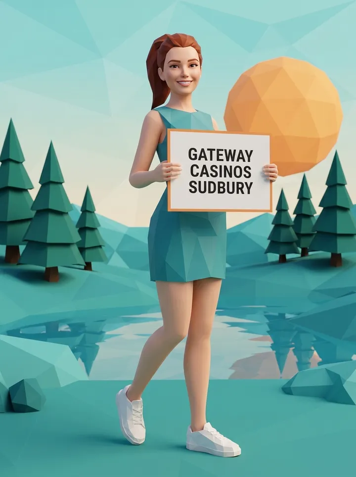 Image générée : le personnage du guide, en polygones simples, est une jeune femme à la queue de cheval auburn, vêtue d'une mini-robe sarcelle à facettes. Debout sur une colline à facettes, elle tient une carte blanche où on lit Gateway Casinos Sudbury. Derrière elle : des collines turquoise, un lac et un soleil orange.