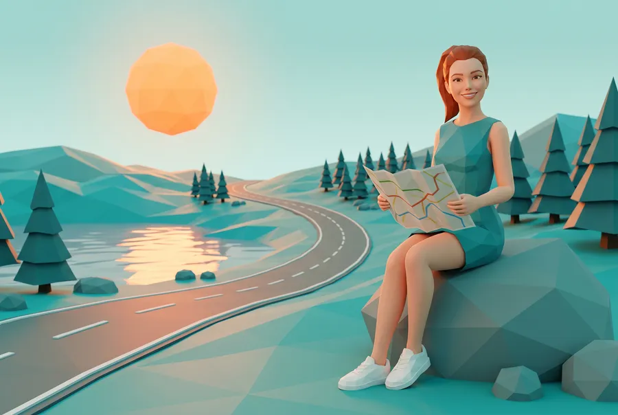 Image générée : l'animatrice du guide, un personnage aux formes polygonales, assise sur un rocher à facettes avec une carte en papier sur les genoux. Derrière elle, des collines turquoise, un lac et une route sinueuse déserte.